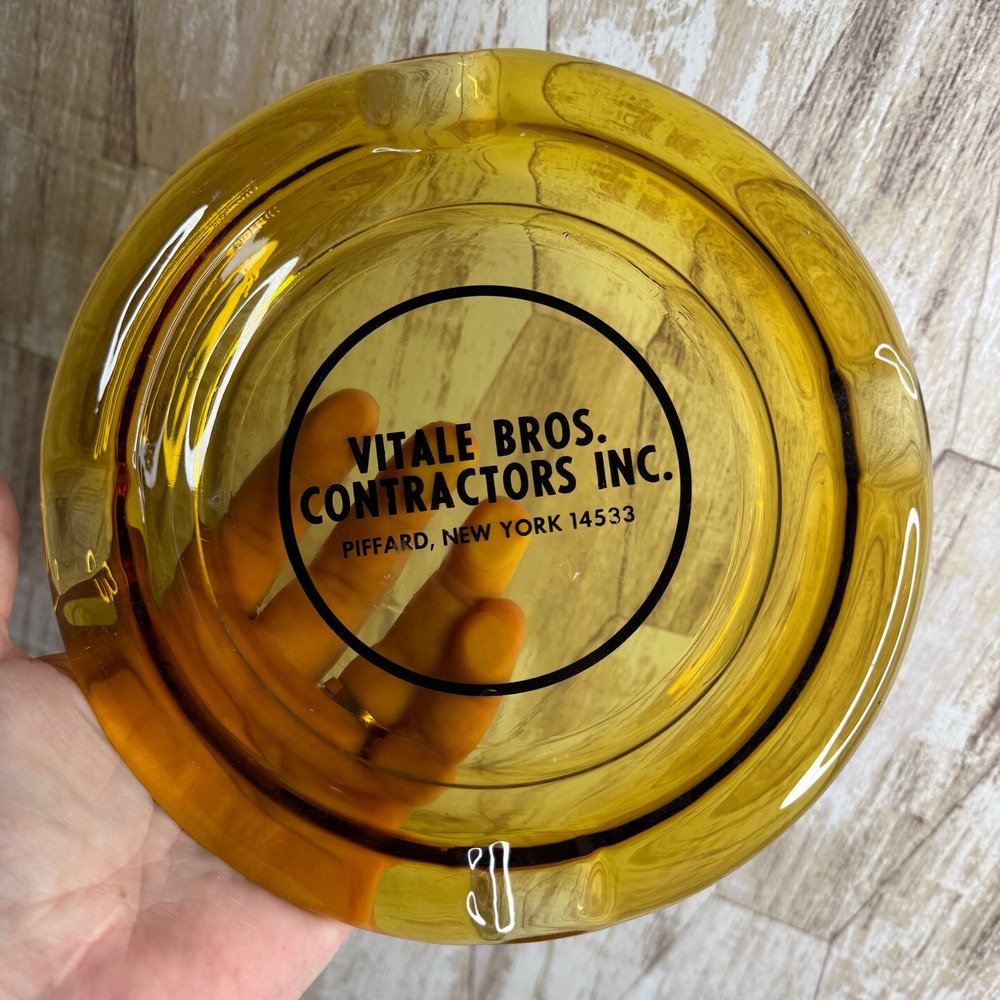 Vintage Large Vitale Bros Contractors Inc Piffard NY Amber Glass Ashtray